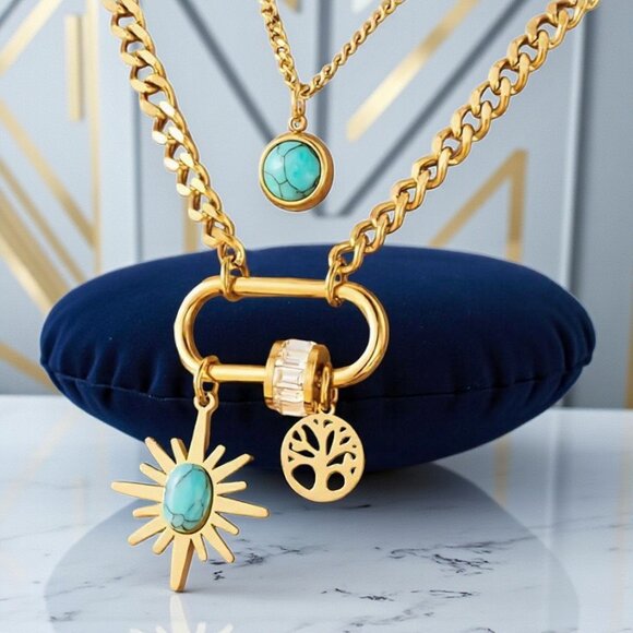 🆕️18K Gold Plated Turquoise Layered Necklace with Charms Sparkling Zirconia - Picture 10 of 10